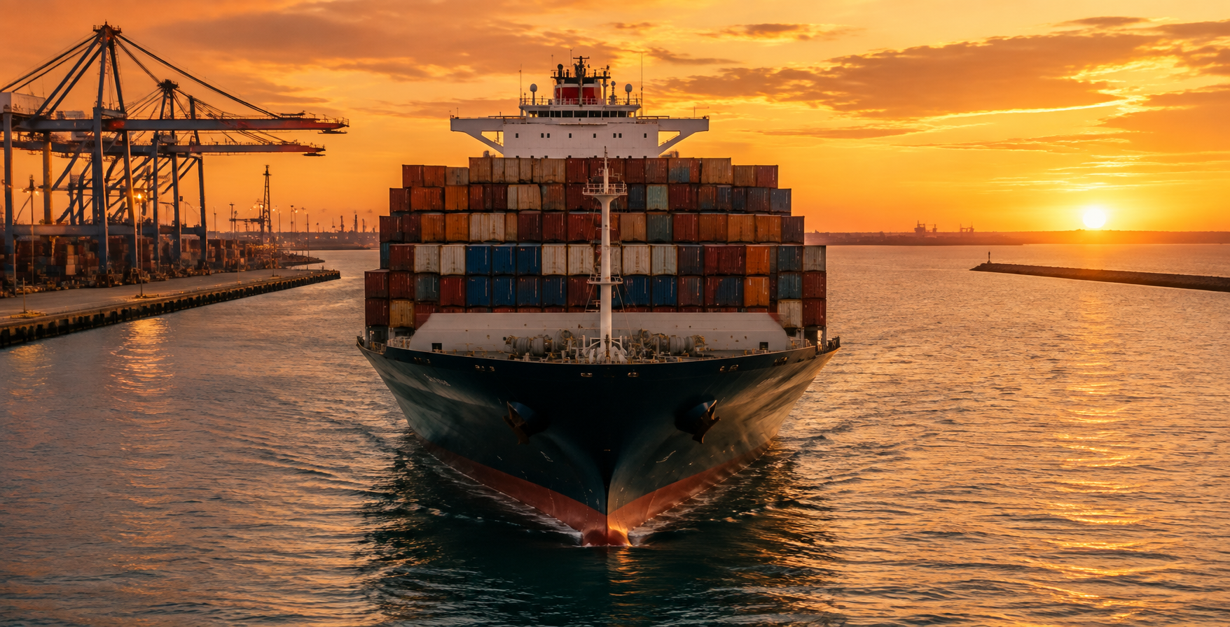 Container ship entering a working harbor at sunset
